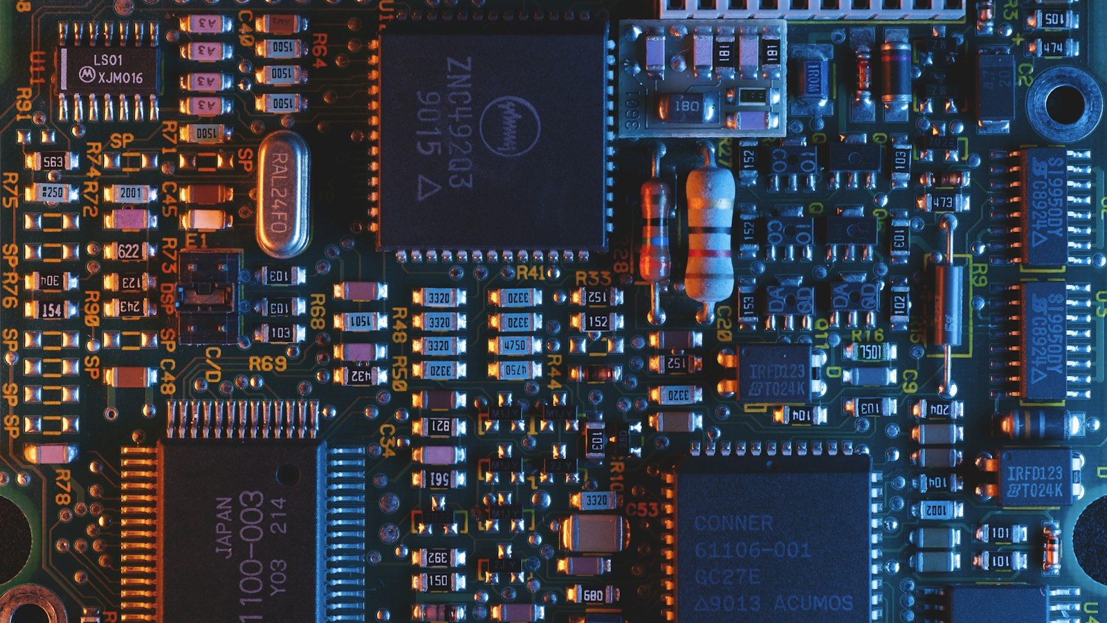 Macro silicon microchip die, integrated circuit motherboard traces and semiconductor buses representing edge NPU neural network acceleration architecture