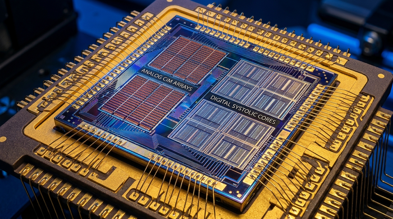 Microscopic silicon processor die showing analog compute-in-memory flash arrays and digital systolic tensor cores