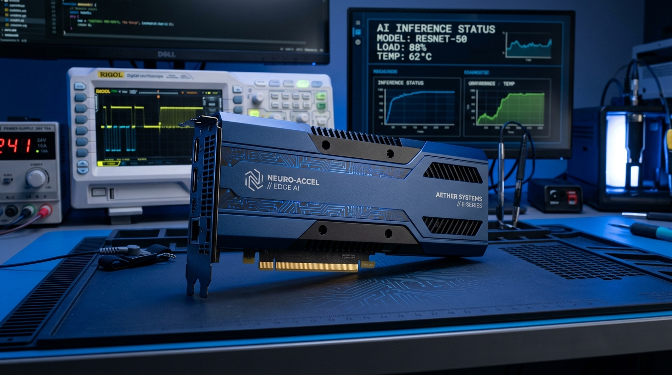 Sub-75W slot-powered PCIe edge AI accelerator card on laboratory anti-static workbench with diagnostic oscilloscope