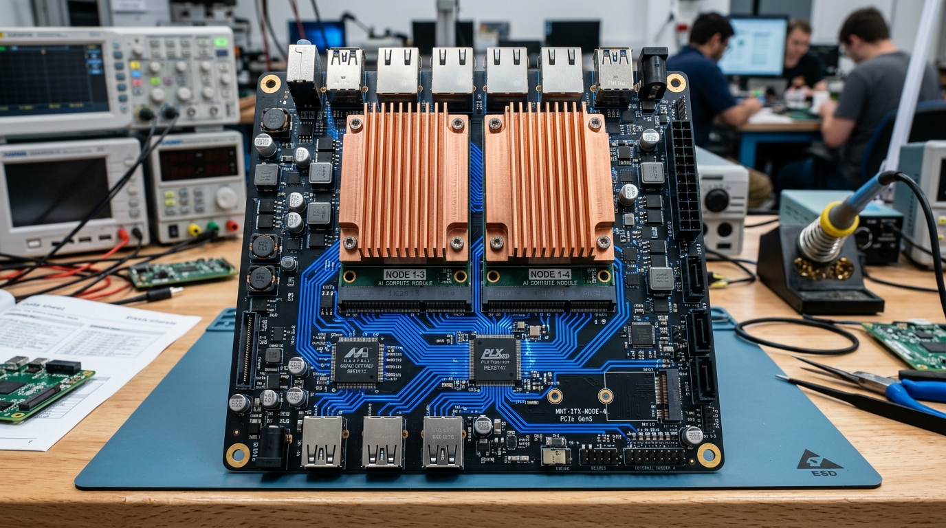 Mini-ITX multi-node edge AI carrier board populated with four system-on-module AI compute cards and copper heatsinks